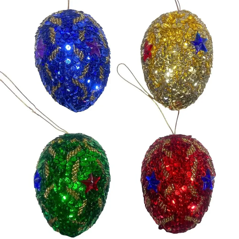 8 Christmas Tree Ornaments Pine Cone Handmade Sequins Beaded Blue Gold Red Green